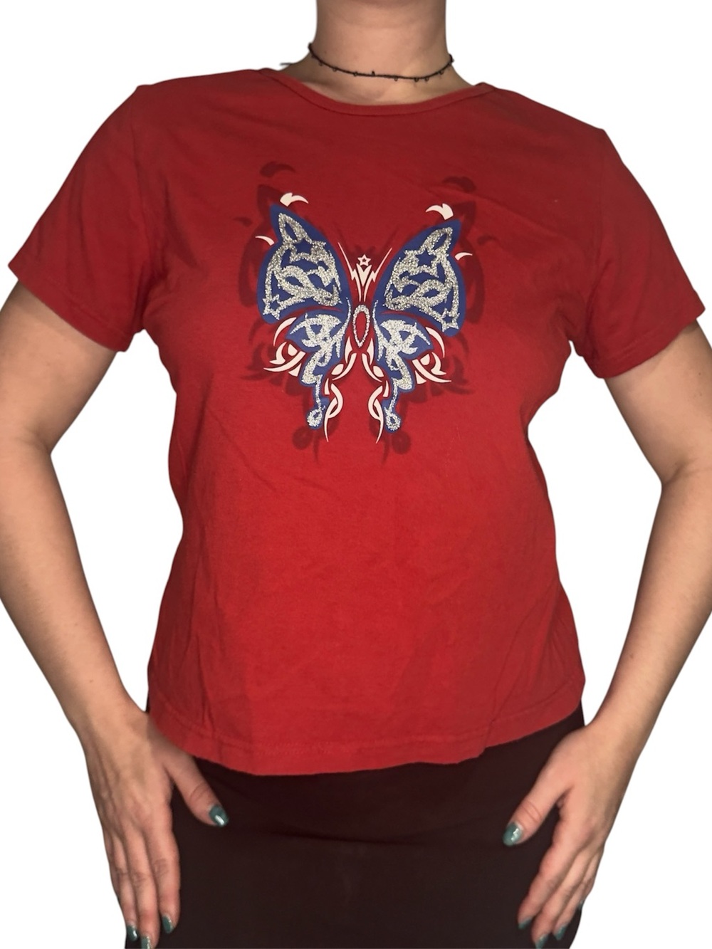 Y2K Red Butterfly Graphic Babytee